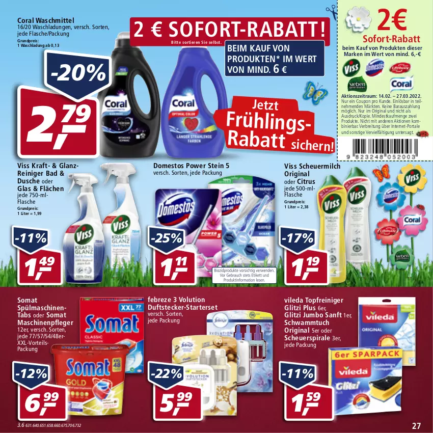 Aktueller Prospekt Real - Real Handzettel - von 07.03 bis 12.03.2022 - strona 27 - produkty: Bad, Brei, citrus, Coral, coupon, domestos, dusche, eis, febreze, flasche, gin, Heu, jumbo, kraft, Maschinenpfleger, milch, reiniger, reis, scheuermilch, schwamm, Schwammtuch, sofort-rabatt, somat, spülmaschinen, spülmaschinentabs, Ti, Tiere, topf, tuc, vileda, waschmittel