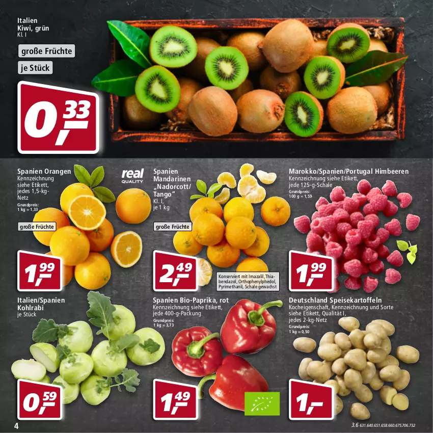 Aktueller Prospekt Real - Real Handzettel - von 07.03 bis 12.03.2022 - strona 4 - produkty: beere, beeren, bio, Bio-Paprika, eis, früchte, himbeer, himbeere, himbeeren, kartoffel, kartoffeln, kiwi, kohlrabi, mandarine, mandarinen, orange, orangen, paprika, reis, Schal, Schale, speisekartoffeln, Ti