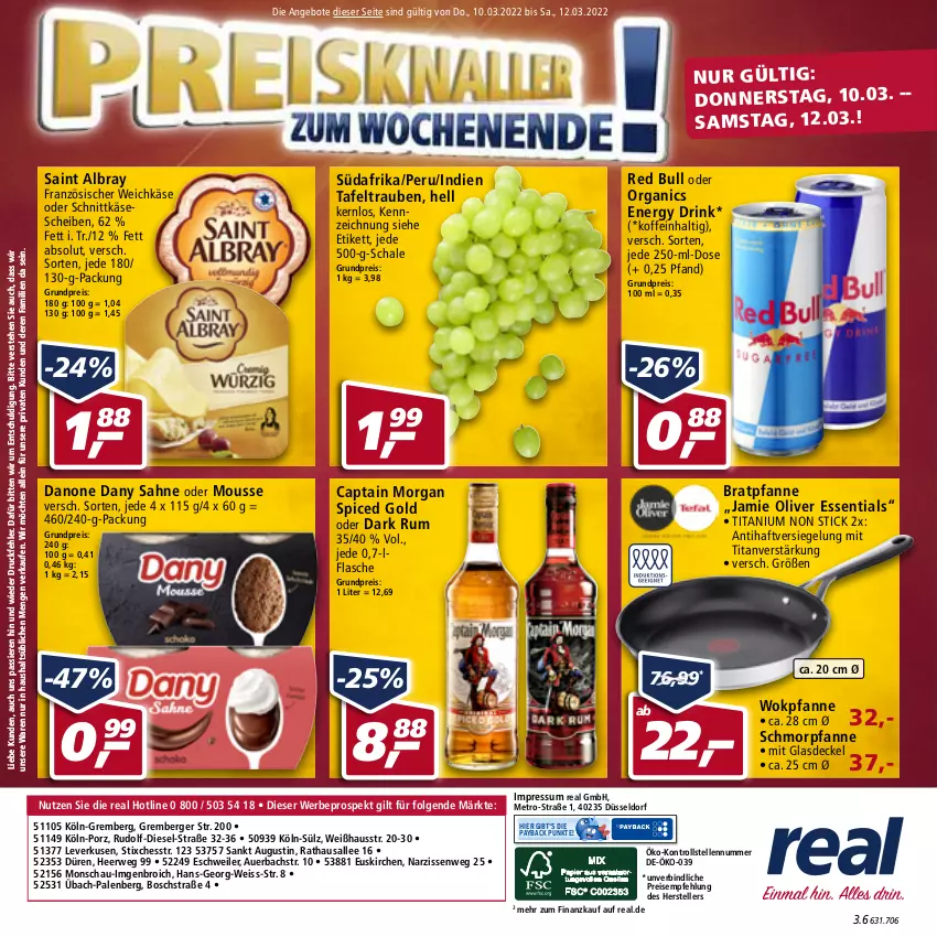 Aktueller Prospekt Real - Real Handzettel - von 07.03 bis 12.03.2022 - strona 48 - produkty: albray, angebot, angebote, auer, Berger, bosch, bratpfanne, Cap, captain morgan, danone, Dany, dany sahne, decke, Deckel, Diesel, drink, eis, elle, energy drink, flasche, französischer weichkäse, Glasdeckel, Käse, käsescheiben, LG, Metro, mousse, Narzissen, olive, payback, pfanne, red bull, reis, rum, rwe, sahne, saint albray, Schal, Schale, schmorpfanne, schnittkäse, schnittkäsescheiben, tafeltrauben, teller, Ti, trauben, weichkäse, wok