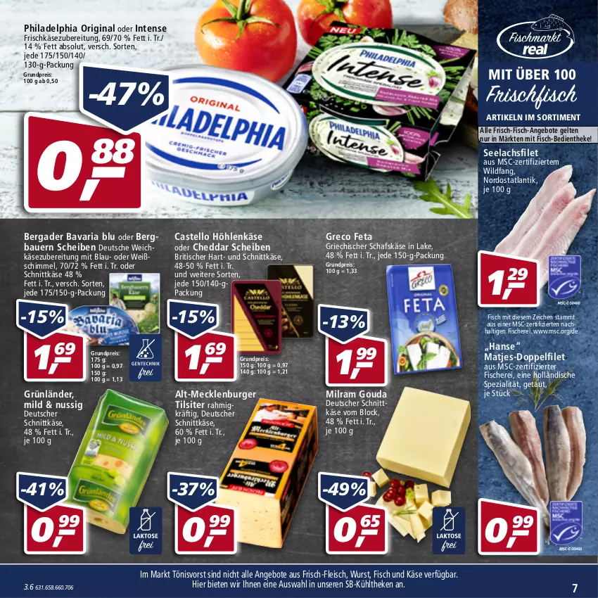 Aktueller Prospekt Real - Real Handzettel - von 07.03 bis 12.03.2022 - strona 7 - produkty: angebot, angebote, auer, Bau, Bauer, bavaria blu, bergader, burger, cheddar, deutscher schnittkäse, eis, feta, filet, fisch, fische, Fischer, fleisch, frischfisch, frischkäse, frischkäsezubereitung, gin, gouda, grünländer, höhlenkäse, Käse, lachs, lachsfilet, matjes, milram, nuss, philadelphia, reis, Ria, schafskäse, Schere, schnittkäse, seelachsfilet, Spezi, Ti, Tilsiter, tisch, Wild, wurst