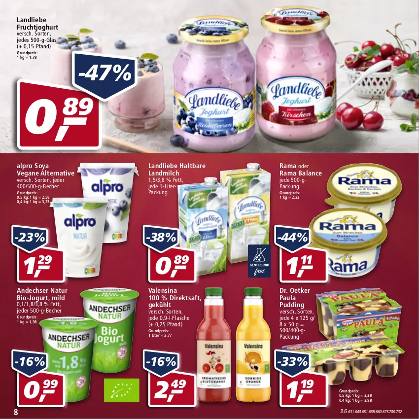 Aktueller Prospekt Real - Real Handzettel - von 07.03 bis 12.03.2022 - strona 8 - produkty: alpro, andechser natur, Becher, bio, direktsaft, Dr. Oetker, eis, flasche, frucht, fruchtjoghurt, joghur, joghurt, jogurt, landliebe, landmilch, milch, natur, Paula, paula pudding, pudding, rama, reis, saft, soya, Ti, valensina