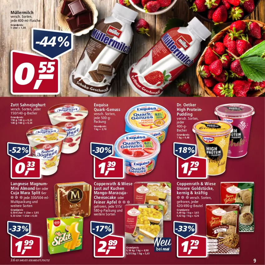 Aktueller Prospekt Real - Real Handzettel - von 07.03 bis 12.03.2022 - strona 9 - produkty: apfel, Becher, beutel, cheesecake, coppenrath, Dr. Oetker, eis, exquisa, flasche, Goldstücke, joghur, joghurt, kuchen, langnese, Lust auf Kuchen, magnum, mango, maracuja, milch, Müller, müllermilch, nuss, pudding, quark, reis, sahne, Sahnejoghurt, Ti, zott