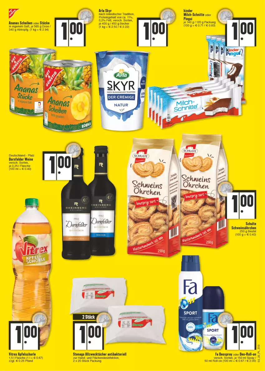 Aktueller Prospekt E Center - Angebote der Woche - von 10.01 bis 15.01.2022 - strona 13 - produkty: Allzwecktücher, ananas, apfel, Apfelschorle, arla, arla skyr, Becher, beutel, deo, deospray, Desinfektion, dornfelder, flasche, Kinder, milch, milch-schnitte, natur, roll-on, saft, schorle, schwein, Skyr, Ti, tücher, vitrex, weck, wein, weine