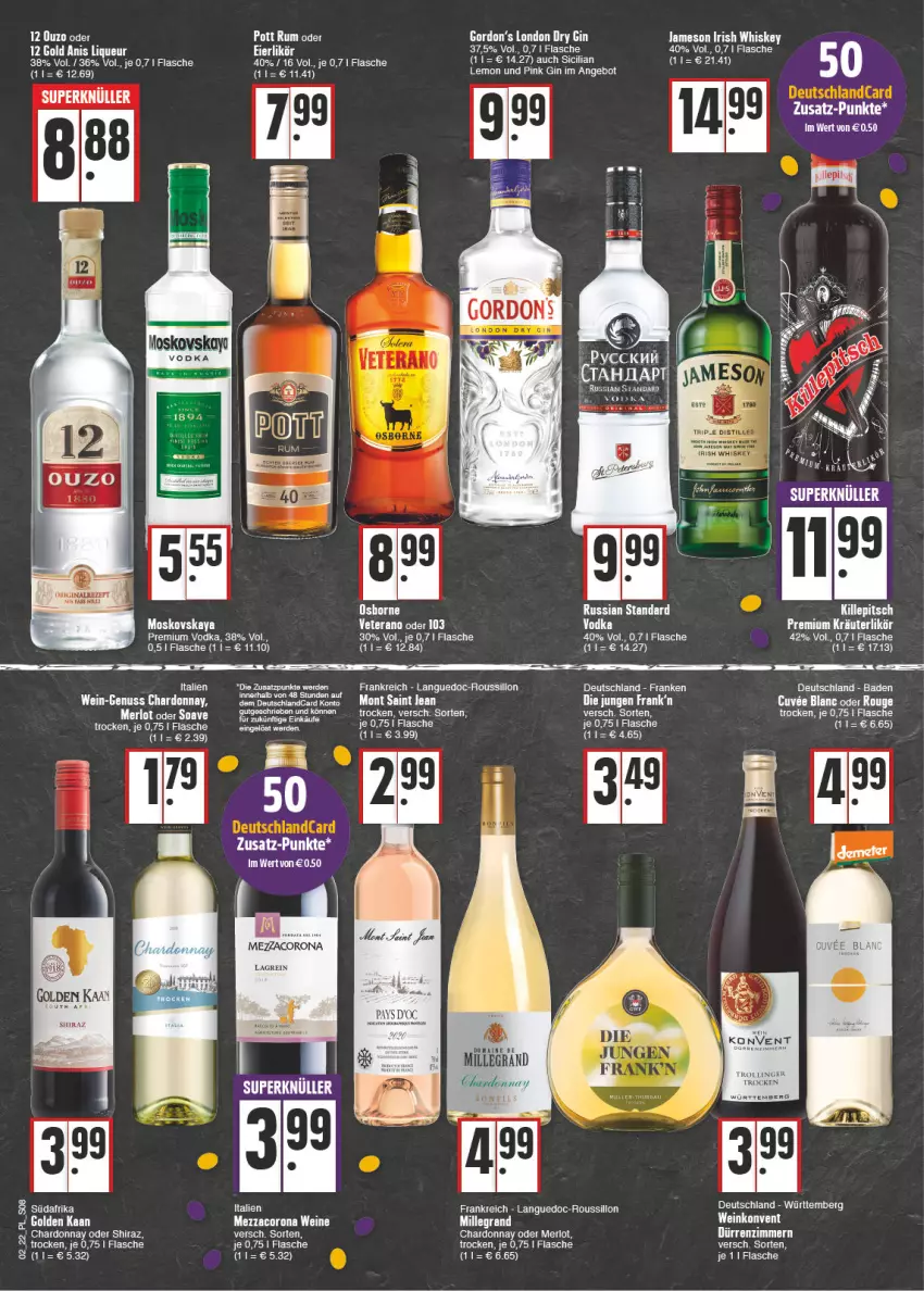 Aktueller Prospekt E Center - Angebote der Woche - von 10.01 bis 15.01.2022 - strona 8 - produkty: angebot, Bad, chardonnay, corona, erde, flasche, gin, gordon, gordons, irish whiskey, jameson, liqueur, merl, merlot, mezzacorona, moskovskaya, nuss, premium vodka, rum, russian standard, tee, trolli, trollinger, veterano, vodka, wein, weine, whiskey