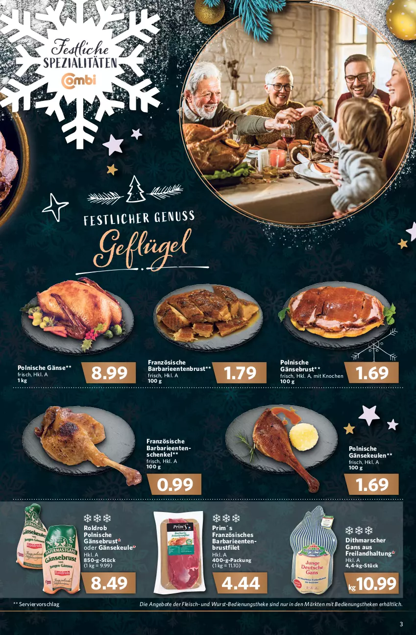 Aktueller Prospekt Combi - Prospekte - von 20.12 bis 24.12.2021 - strona 3 - produkty: angebot, angebote, brustfilet, eis, ente, Entenbrust, Entenschenkel, filet, fleisch, Gänsebrust, Gänsekeulen, Geflügel, henkel, mars, schenkel, Spezi, wurst