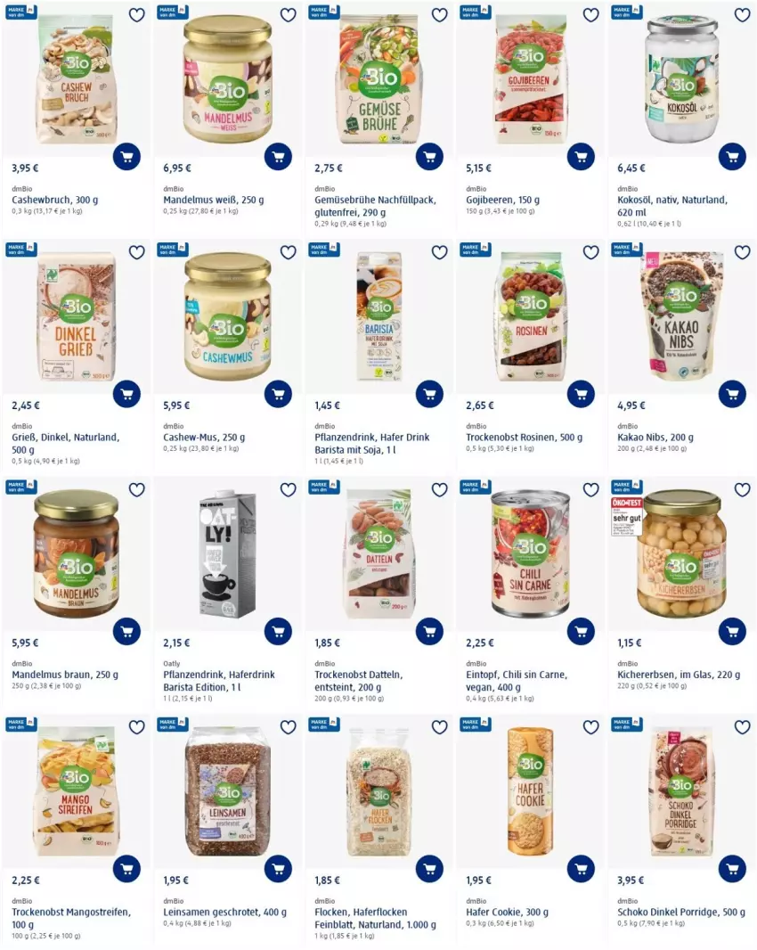 Aktueller Prospekt Dm Drogerie - Prospekte - von 14.04 bis 20.04.2022 - strona 7 - produkty: beere, beeren, bio, braun, Brühe, Cashew, chili, cookie, Datteln, drink, eintopf, erbsen, Gemüsebrühe, hafer, Haferdrink, haferflocken, kakao, kichererbsen, kokos, kokosöl, mandel, Mandelmus, mango, mangos, natur, naturland, obst, pflanze, pflanzen, porridge, reifen, schoko, soja, Ti, topf