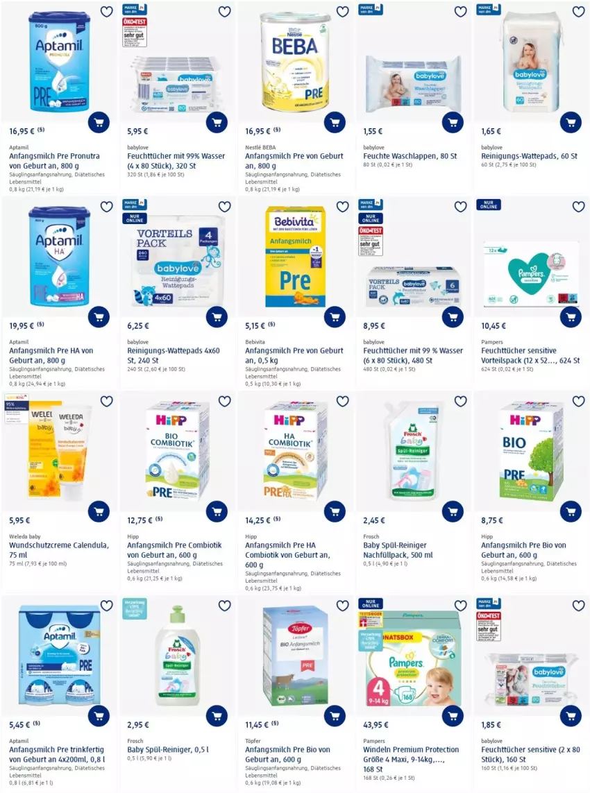 Aktueller Prospekt Dm Drogerie - Prospekte - von 14.04 bis 20.04.2022 - strona 8 - produkty: Babylove, Beba, bebivita, bio, Calendula, creme, feuchttücher, Frosch, hipp, lebensmittel, milch, pampers, reiniger, Reinigung, Schutzcreme, Ti, tisch, tücher, vita, waschlappen, wasser, wattepads, weleda, windeln