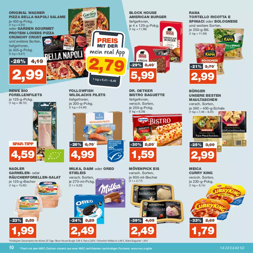 Aktueller Prospekt Real - von 11.09 bis 16.09.2023 - strona 10 - produkty: baguette, Becher, bio, Bistro Baguette, bolognese, burger, curry, daim, Dr. Oetker, eis, elle, filet, filets, fisch, fische, Fischer, followfish, forelle, garden gourmet, garnelen, gin, lachs, maultaschen, meica, milka, mövenpick, mövenpick eis, nadler, oreo, original wagner, pizza, Rana, reis, rel, rewe bio, ricotta, salat, Schal, Schale, Schere, stieleis, Tasche, taschen, Ti, torte, wagner, Wild, wildlachs, ZTE