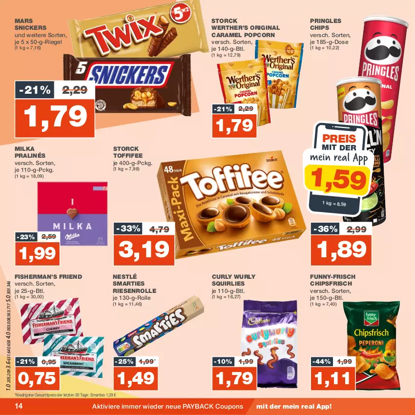 Aktueller Prospekt Real - von 11.09 bis 16.09.2023 - strona 14 - produkty: caramel, chips, chipsfrisch, coupon, coupons, eis, funny-frisch, gin, mars, milka, nestlé, payback, popcorn, pringles, reis, riegel, ring, smarties, snickers, storck, Ti, toffifee, ZTE