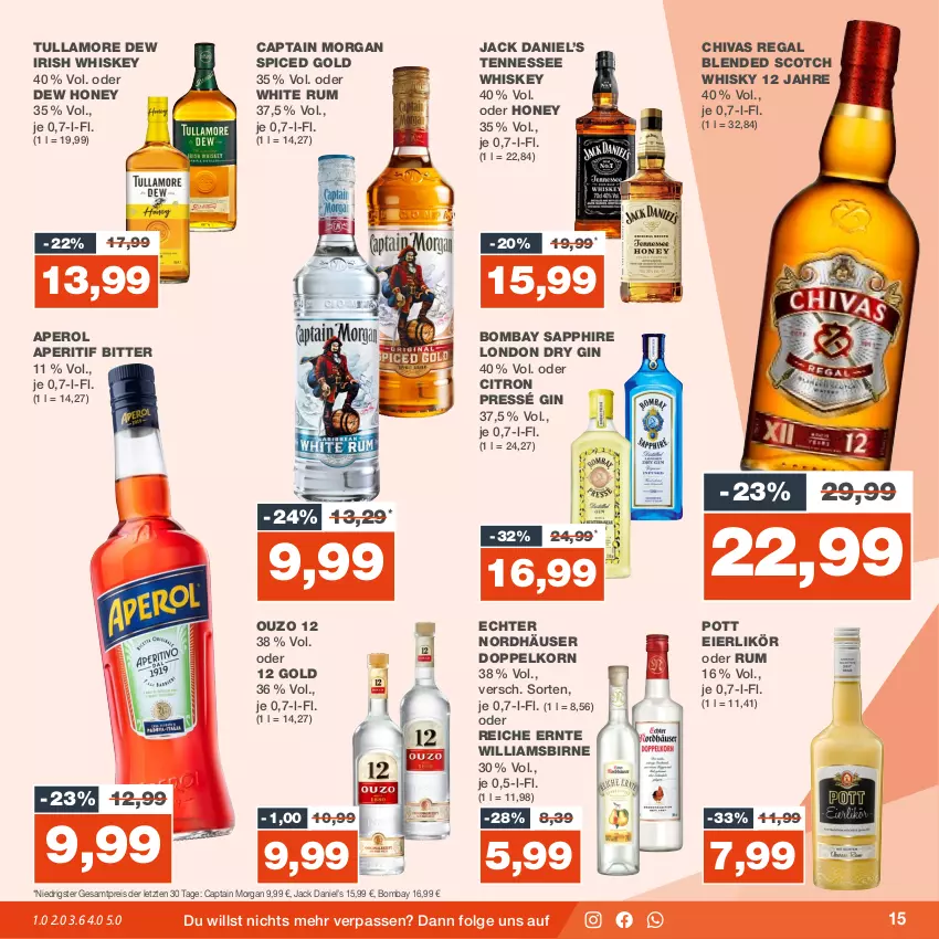 Aktueller Prospekt Real - von 11.09 bis 16.09.2023 - strona 15 - produkty: aperitif, aperol, blended scotch, blended scotch whisky, bombay sapphire, Cap, captain morgan, doppelkorn, dry gin, eier, eierlikör, eis, gin, irish whiskey, jack daniel, Jack Daniel’s, korn, LG, likör, london dry, london dry gin, ouzo, ouzo 12, regal, reis, rum, sapphire, scotch, scotch whisky, tennessee whiskey, Ti, tullamore, tullamore dew, whiskey, whisky, white rum, ZTE