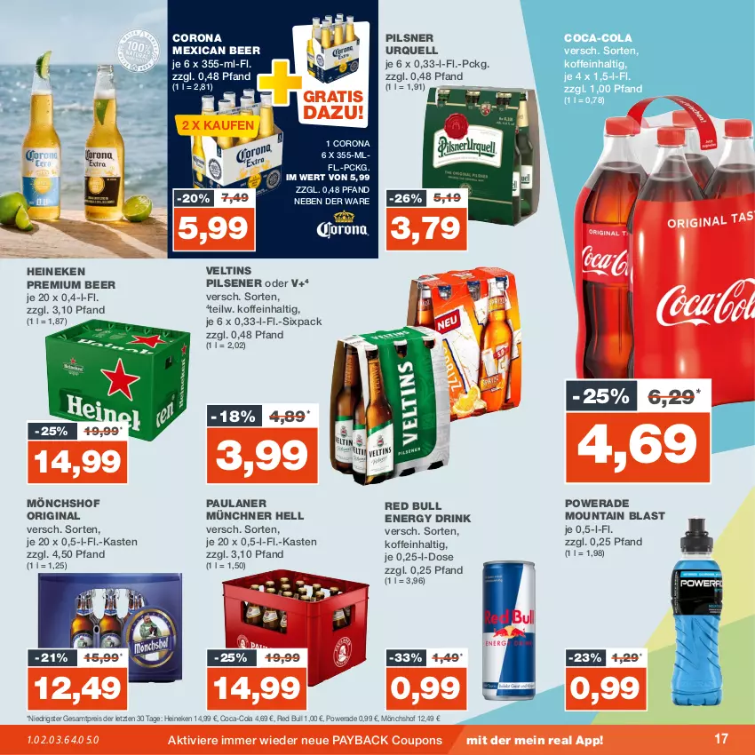 Aktueller Prospekt Real - von 11.09 bis 16.09.2023 - strona 17 - produkty: coca-cola, cola, corona, coupon, coupons, drink, eis, energy drink, gin, heineken, mönchshof, Paula, paulaner, payback, pils, pilsener, pilsner, pilsner urquell, red bull, reis, Ti, veltins, veltins pilsener, ZTE