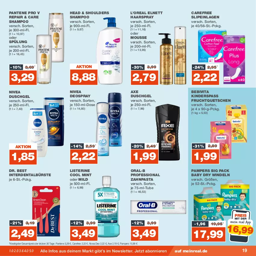 Aktueller Prospekt Real - von 11.09 bis 16.09.2023 - strona 19 - produkty: axe, axe duschgel, bebivita, bürste, carefree, deo, deospray, Dr. Best, duschgel, eis, elnett, erde, frucht, haarspray, Kinder, listerine, mint, mousse, nivea, oral-b, pampers, pantene, pasta, reis, shampoo, slip, slipeinlagen, spülung, Ti, vita, windeln, zahnpasta, ZTE