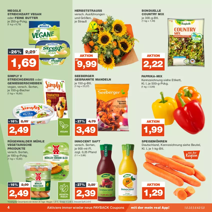 Aktueller Prospekt Real - von 11.09 bis 16.09.2023 - strona 4 - produkty: Becher, Berger, beutel, bonduelle, butter, coupon, coupons, eis, elle, Innocent, mandel, mandeln, meggle, möhren, nuss, paprika, payback, reis, rügenwalder, rügenwalder mühle, saft, seeberger, sim, speisemöhren, Streichzart, Ti, Vegeta, ZTE