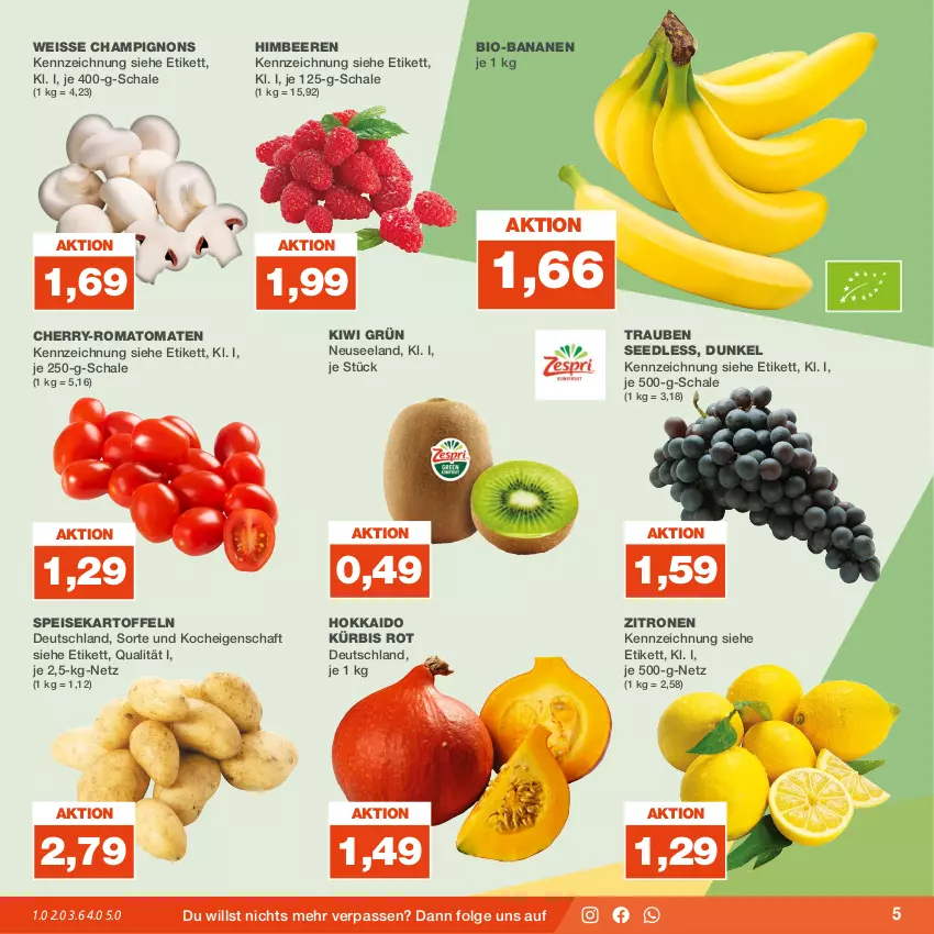 Aktueller Prospekt Real - von 11.09 bis 16.09.2023 - strona 5 - produkty: banane, bananen, beere, beeren, bio, bio-bananen, champignon, champignons, eis, Elan, himbeer, himbeere, himbeeren, kartoffel, kartoffeln, kiwi, Kürbis, LG, Romatomaten, Schal, Schale, speisekartoffeln, Ti, tomate, tomaten, trauben, zitrone, zitronen