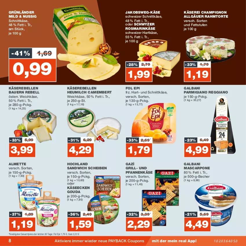 Aktueller Prospekt Real - von 11.09 bis 16.09.2023 - strona 8 - produkty: almette, auer, Bau, Bauer, Becher, camembert, champignon, coupon, coupons, eis, elle, fol epi, galbani, gouda, grill, grünländer, hartkäse, Heu, heumilch, hochland, jako, Käse, Käserebellen, LG, mascarpone, Mett, milch, nuss, parmigiano, parmigiano reggiano, payback, pfanne, pfannen, pfannenkäse, rebell, reggiano, reis, rosmarin, sandwich, schnittkäse, schweizer hartkäse, schweizer schnittkäse, Ti, torte, und pfanne, weichkäse, ZTE