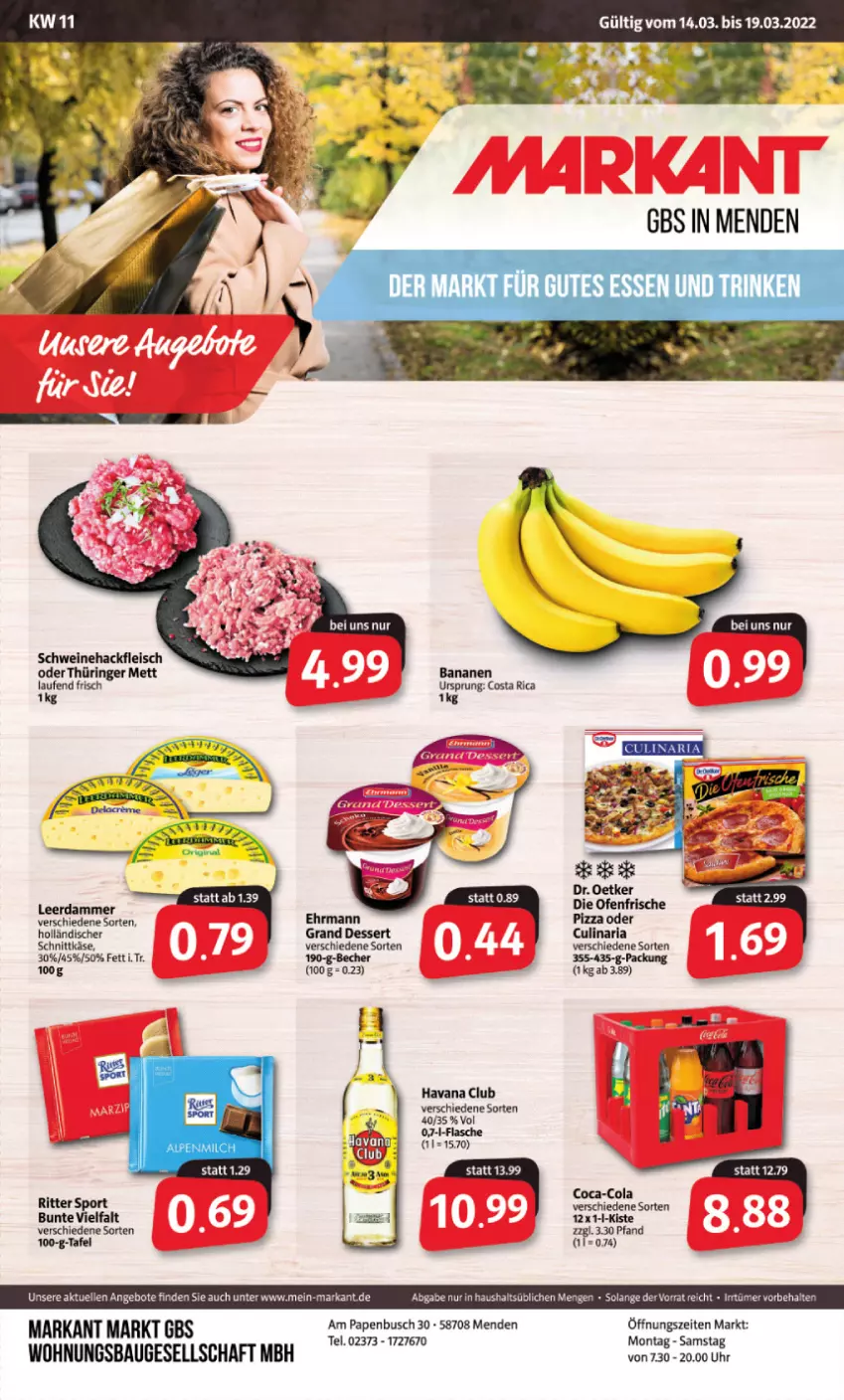 Aktueller Prospekt Markant - Prospekte - von 14.03 bis 19.03.2022 - strona 1 - produkty: angebot, angebote, banane, bananen, Bau, Becher, coca-cola, cola, dessert, ehrmann, eis, elle, fleisch, gutes essen, hackfleisch, Havana Club, Käse, leerdammer, Mett, ring, ritter, ritter sport, schnittkäse, schwein, schweine, Schweinehackfleisch, Sport, Ti, uhr, wein, weine