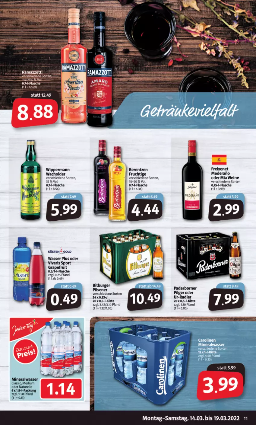 Aktueller Prospekt Markant - Prospekte - von 14.03 bis 19.03.2022 - strona 11 - produkty: Alwa, berentzen, bitburger, bitburger pils, burger, elle, flasche, freixenet, frucht, grapefruit, LG, mineralwasser, Mineralwasser Classic, natur, pils, pilsener, radler, rama, ramazzott, ramazzotti, rel, Sport, Ti, Vivaris, wasser, wein, weine, zott