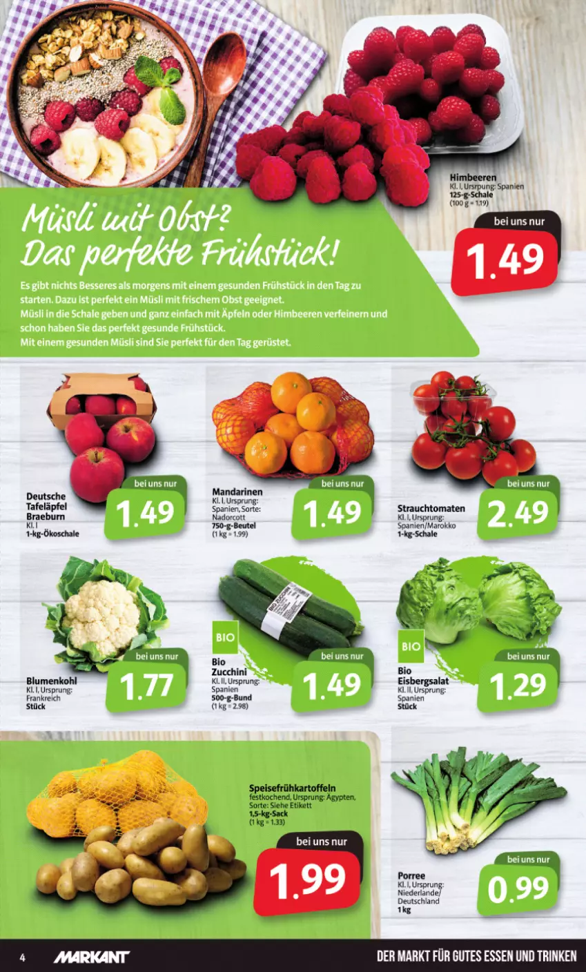 Aktueller Prospekt Markant - Prospekte - von 14.03 bis 19.03.2022 - strona 4 - produkty: beere, beeren, beutel, bio, blume, blumen, blumenkohl, eis, eisbergsalat, Frühkartoffeln, gutes essen, himbeer, himbeere, himbeeren, kartoffel, kartoffeln, mandarine, mandarinen, Rauch, sac, salat, Schal, Schale, speisefrühkartoffeln, strauchtomaten, tafeläpfel, Ti, tomate, tomaten, zucchini