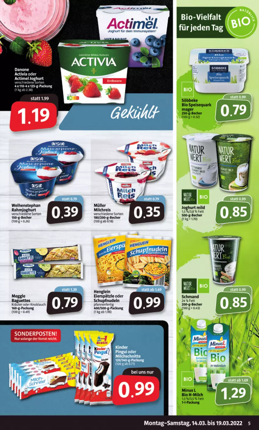 Aktueller Prospekt Markant - Prospekte - von 14.03 bis 19.03.2022 - strona 5 - produkty: activia, Becher, bio, danone, danone activia, eier, eierspätzle, eis, joghur, joghurt, joghurt mild, knoblauch, kräuter, meggle, milch, milchreis, Müller, nudel, nudeln, pfanne, pfannen, quark, rahmjoghurt, reis, schmand, söbbeke, sonderposten, speisequark, Ti, vollmilch, weihenstephan