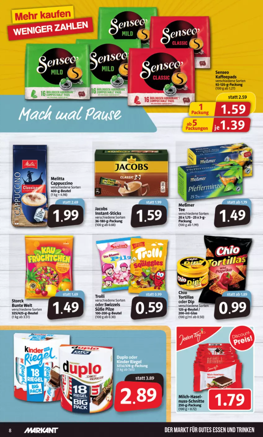 Aktueller Prospekt Markant - Prospekte - von 14.03 bis 19.03.2022 - strona 8 - produkty: beutel, Cap, cappuccino, cin, gutes essen, jacobs, melitta, Meßmer, milch, pilze, storck, tee, Ti, tortilla, tortillas, trolli