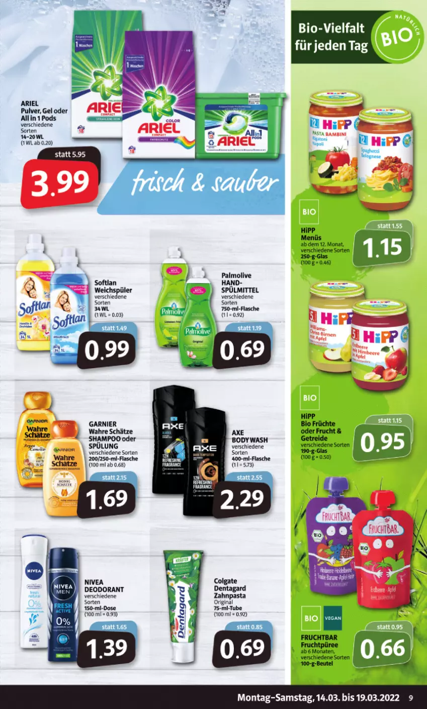 Aktueller Prospekt Markant - Prospekte - von 14.03 bis 19.03.2022 - strona 9 - produkty: ariel, axe, beutel, body, colgate, deo, deodorant, flasche, frucht, garnier, gin, hipp, LG, nivea, olive, palmolive, pasta, Pods, püree, shampoo, shampoo oder spülung, Softlan, spülung, Wahre Schätze, weichspüler, zahnpasta