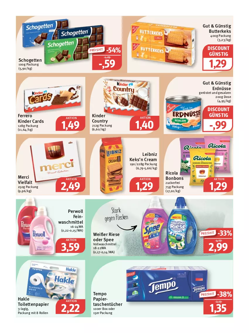 Aktueller Prospekt Feneberg - Prospekte - von 22.09 bis 24.09.2022 - strona 13 - produkty: bonbons, butter, butterkeks, cola, discount, eis, erdnüsse, feinwaschmittel, ferrero, hakle, hakle toilettenpapier, keks, Kinder, kinder country, leibniz, merci, papier, perwoll, reis, Ricola, salz, schogetten, spee, Tasche, taschen, taschentücher, Tempo, Ti, toilettenpapier, tücher, vollwaschmittel, waschmittel, zucker