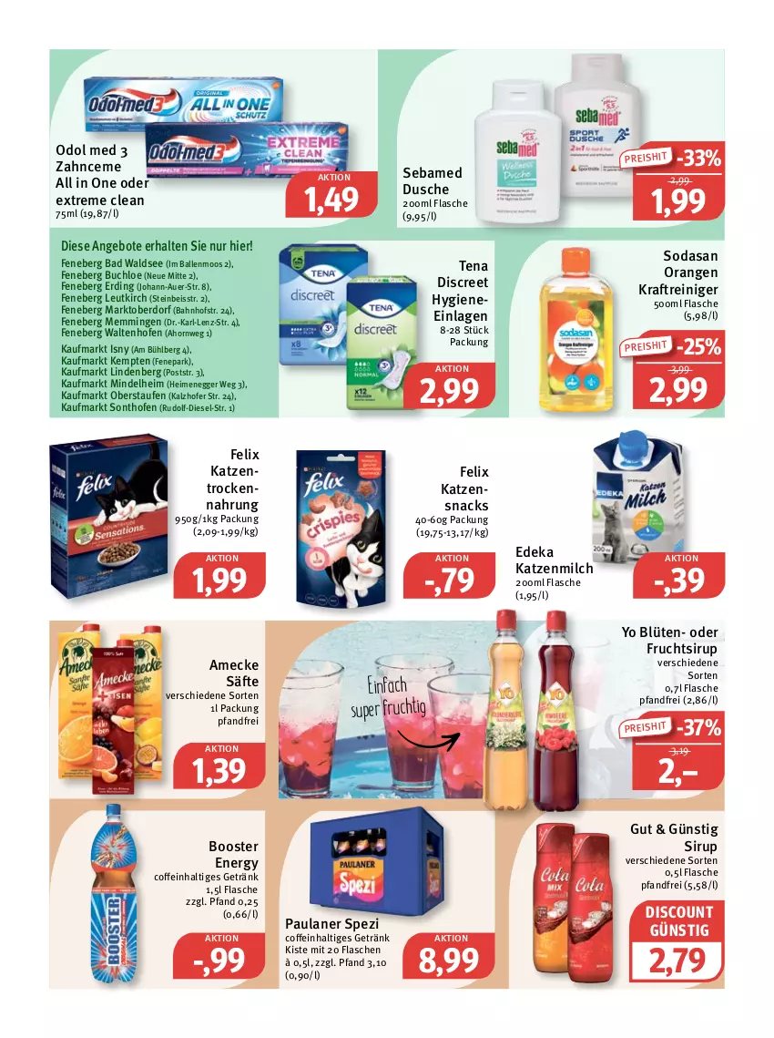 Aktueller Prospekt Feneberg - Prospekte - von 22.09 bis 24.09.2022 - strona 15 - produkty: amecke, angebot, angebote, auer, Bad, ball, Blüte, buch, chloe, coffein, deka, Diesel, discount, Discreet, dusche, Egger, eis, emmi, felix, flasche, frucht, getränk, katzenmilch, katzensnack, katzensnacks, kraft, milch, Odol, odol med, Ofen, orange, orangen, Paula, paulaner, reiniger, reis, säfte, sebamed, sirup, snack, snacks, Soda, Spezi, Ti, Trockennahrung, Yo