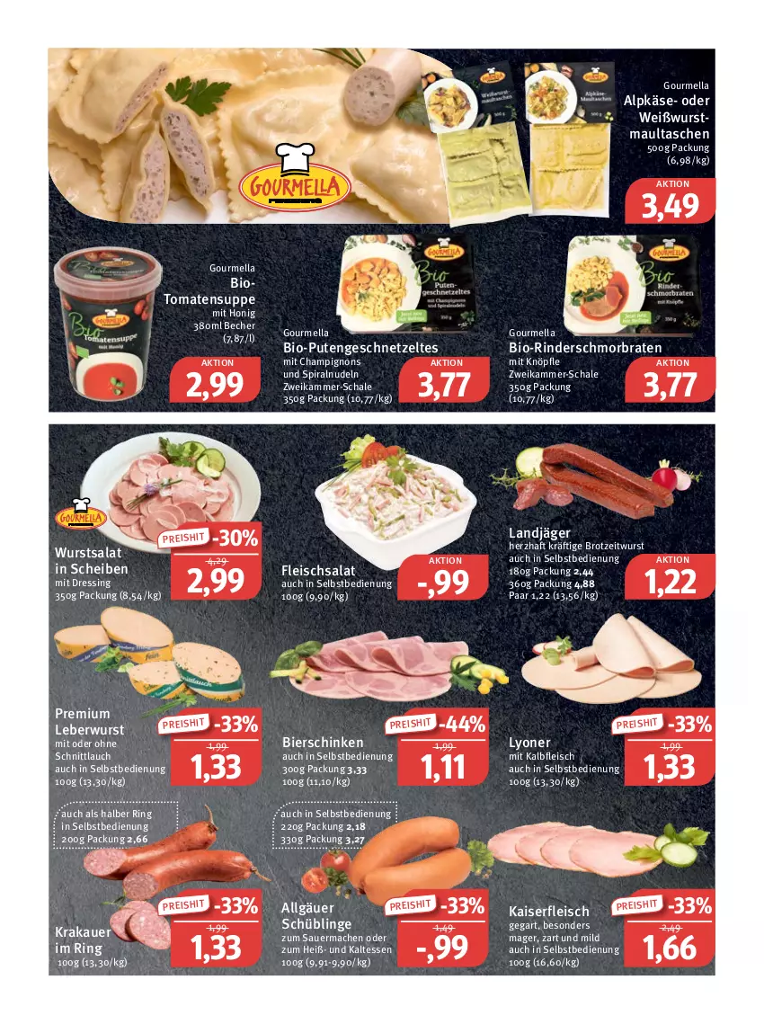 Aktueller Prospekt Feneberg - Prospekte - von 22.09 bis 24.09.2022 - strona 3 - produkty: auer, Becher, bier, bierschinken, bio, braten, brot, champignon, champignons, dressing, eis, fleisch, fleischsalat, geschnetzeltes, honig, Kaiser, Kalbfleisch, Käse, krakauer, landjäger, leberwurst, LG, lyoner, mac, maultaschen, mit kalbfleisch, nudel, nudeln, pute, Putengeschnetzeltes, reis, rind, rinder, ring, salat, Schal, Schale, schinken, schmorbraten, schnittlauch, suppe, Tasche, taschen, Ti, tomate, tomaten, Tomatensuppe, Weißwurst, wurst, Yo, Zelt