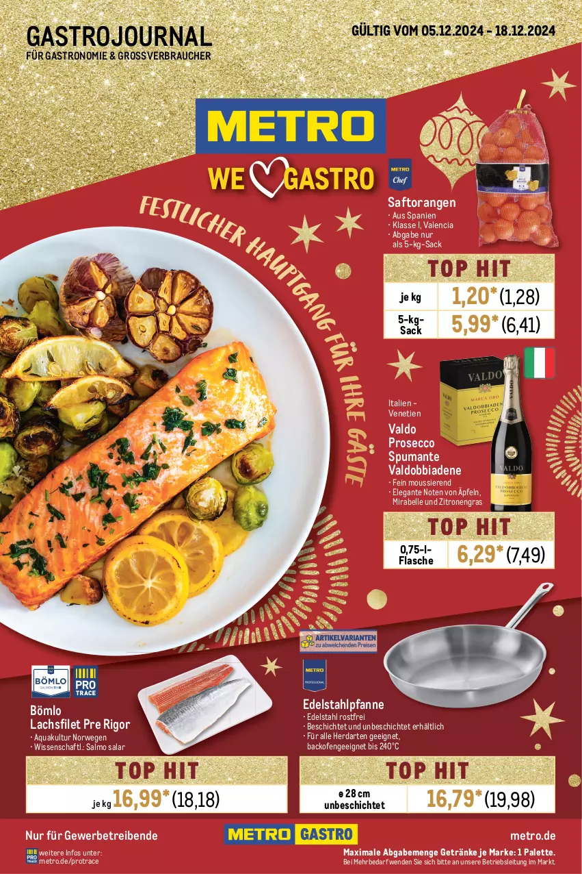 Aktueller Prospekt Metro - GastroJournal - von 05.12 bis 18.12.2024 - strona 1 - produkty: aqua, backofen, ecco, edelstahl, elle, filet, flasche, getränk, getränke, herdarten, lachs, lachsfilet, Metro, Ofen, orange, orangen, Palette, pfanne, prosecco, puma, Rauch, rwe, sac, saft, Saftorangen, spumante, Ti, valdo, zitrone, zitronen