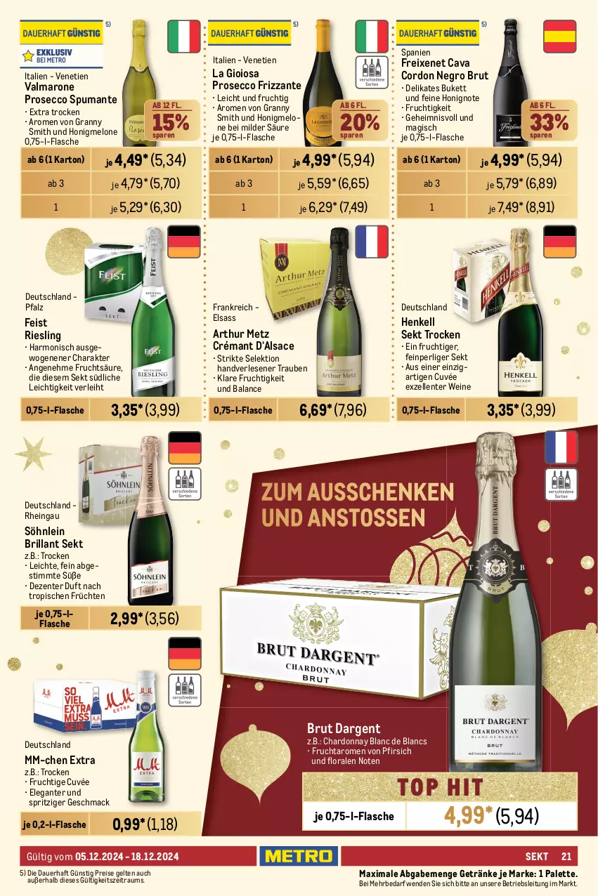 Aktueller Prospekt Metro - GastroJournal - von 05.12 bis 18.12.2024 - strona 21 - produkty: aprikose, aprikosen, auer, Berger, brillant sekt, brut, brut dargent, burgunder, Cava, chardonnay, corona, cuvée, de blancs, dell, ecco, eis, elle, ente, flasche, freixenet, frizzante, frucht, früchte, früchten, getränk, getränke, gewürz, Glühwein, grauburgunder, henkel, henkell, henkell sekt, Holz, honig, honigmelone, Kindle, kirsch, kirsche, La Gioiosa, mac, melone, mezzacorona, Müller, Müller-Thurgau, nürnberger, orange, orangen, Palette, pfirsich, Pinot, pinot grigio, primitivo, prosecco, puma, reis, riesling, Rivaner, rotkäppchen, rotwein, sac, Schal, Schale, sekt, söhnlein, söhnlein brillant, spumante, Ti, trauben, vanille, wein, weine, Weißwein, zitrone, zitronen