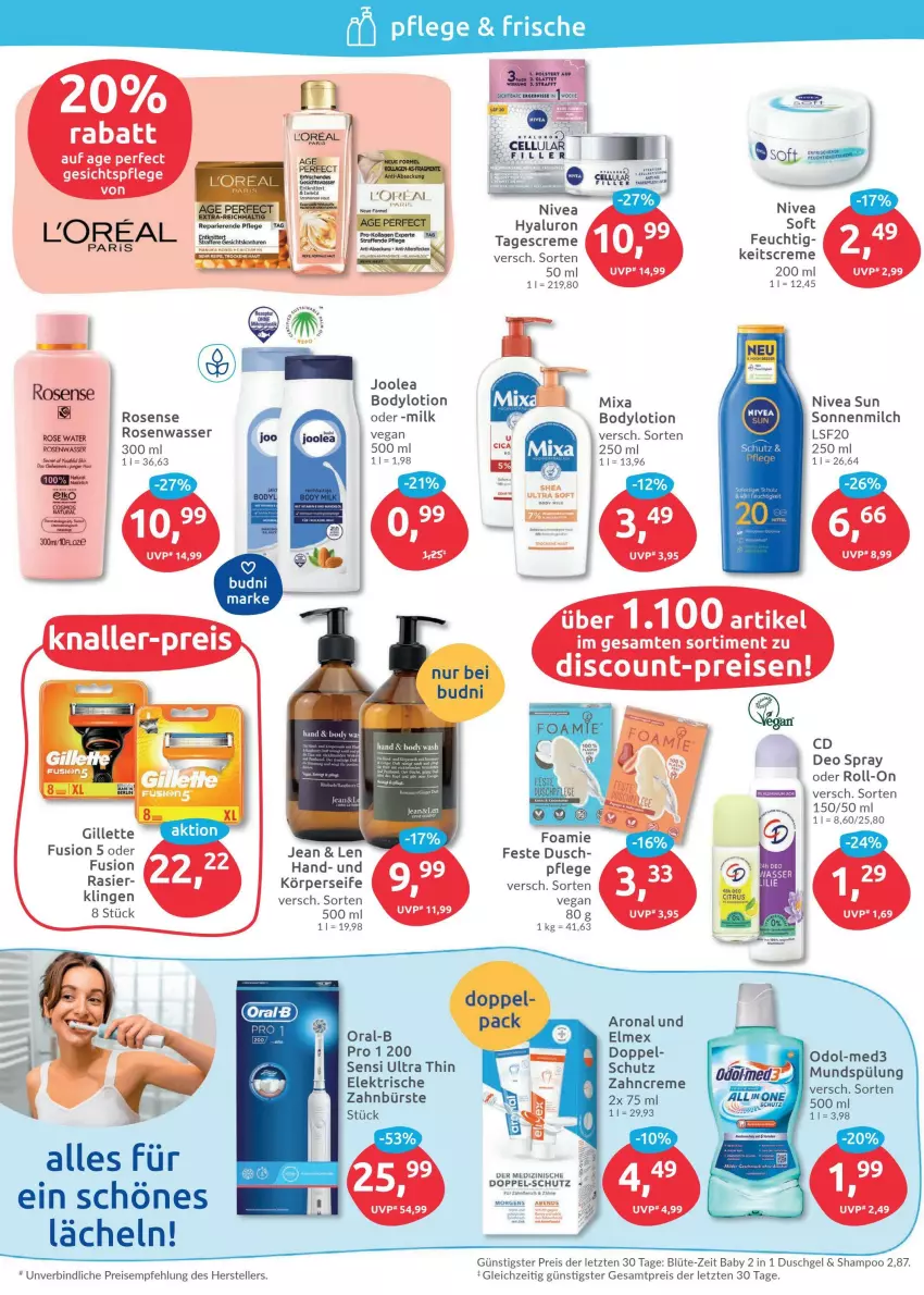 Aktueller Prospekt Budni - Prospekte - von 30.05 bis 04.06.2022 - strona 2 - produkty: Blüte, body, bodylotion, bürste, creme, deo, deo spray, discount, duschgel, eis, elle, elmex, fleisch, gillette, loreal, Lotion, milch, Mixa, mundspülung, nivea, nivea sun, Odol, oral-b, reis, roll-on, rosen, Rosenwasser, Seife, shampoo, sonnenmilch, spülung, tagescreme, teller, Ti, wasser, zahnbürste, zahncreme, ZTE