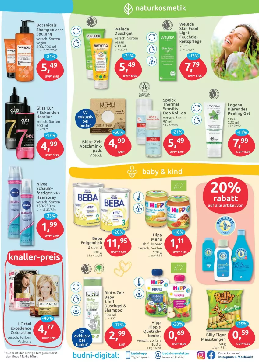 Aktueller Prospekt Budni - Prospekte - von 30.05 bis 04.06.2022 - strona 3 - produkty: Beba, beutel, Blüte, decke, deo, deo roll-on, duschgel, elle, folgemilch, gliss, gliss kur, haarspray, Hefe, hipp, LG, mais, milch, natur, natura, nivea, Peeling, roll-on, shampoo, Speick, spülung, Ti, weleda, Yo