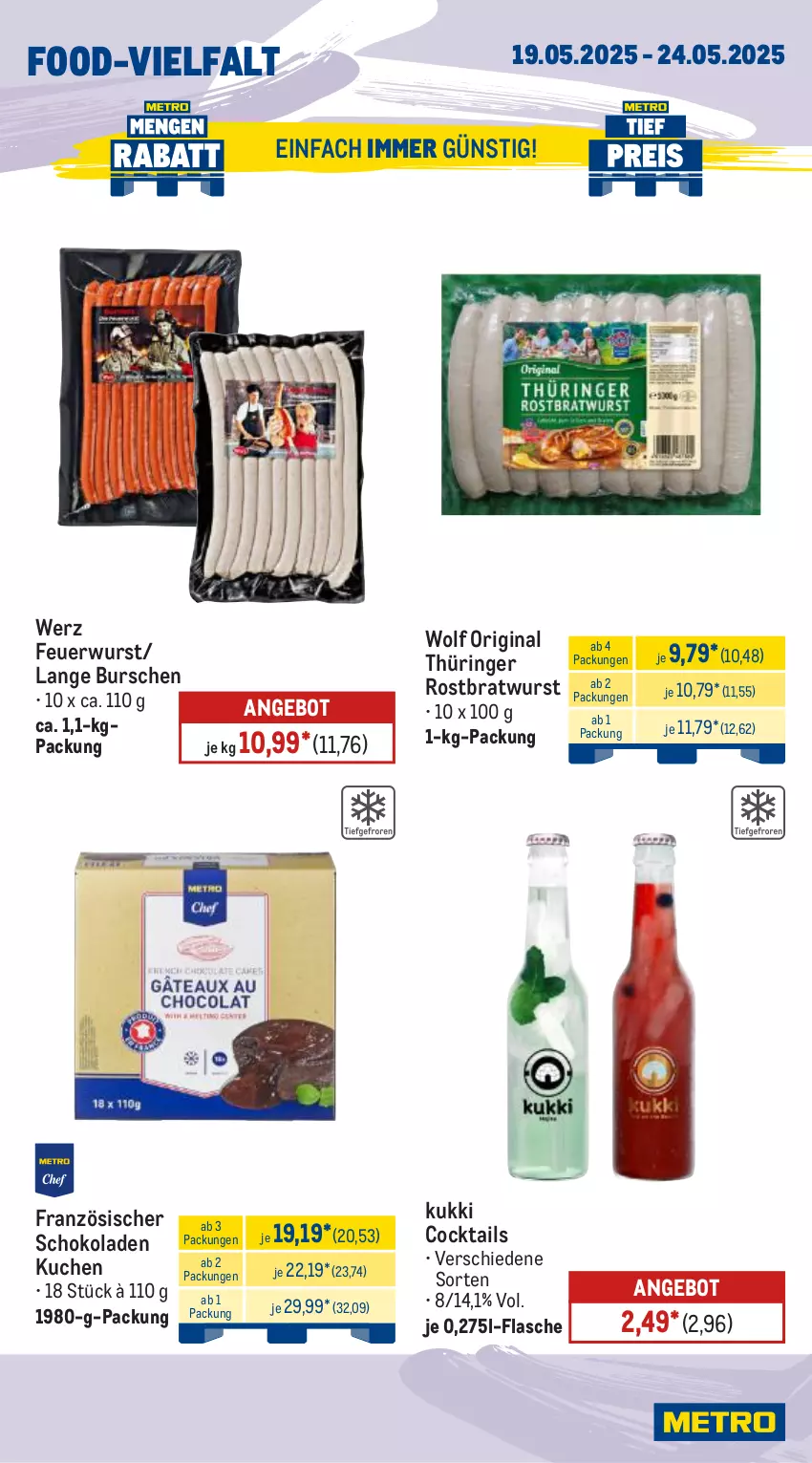Aktueller Prospekt Metro - Wochen-Angebote - von 19.05 bis 24.05.2025 - strona 10 - produkty: angebot, bratwurst, cocktail, cocktails, flasche, gin, kuchen, original thüringer, ring, rostbratwurst, schoko, schokolade, schokoladen, thüringer rostbratwurst, Ti, wurst