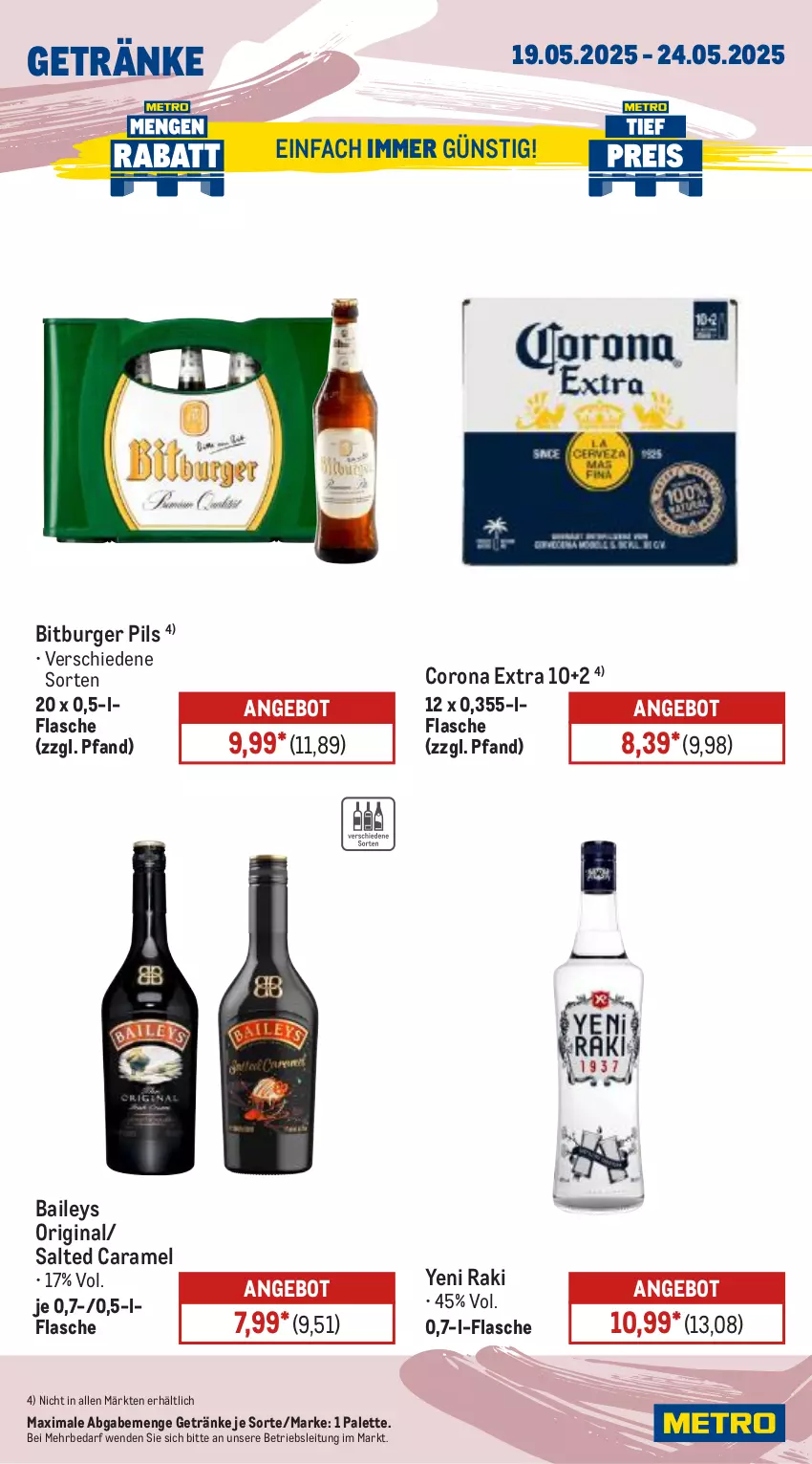 Aktueller Prospekt Metro - Wochen-Angebote - von 19.05 bis 24.05.2025 - strona 13 - produkty: angebot, baileys, bitburger, bitburger pils, burger, caramel, corona, corona extra, flasche, getränk, getränke, gin, Palette, pils, Ti, yeni raki
