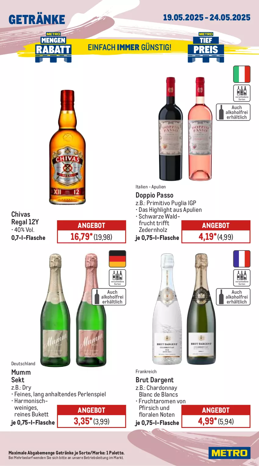 Aktueller Prospekt Metro - Wochen-Angebote - von 19.05 bis 24.05.2025 - strona 14 - produkty: angebot, brut, brut dargent, chardonnay, de blancs, doppio passo, flasche, frucht, getränk, getränke, Holz, mumm, Palette, passo, perlen, pfirsich, primitivo, regal, schwein, sekt, Ti, wein