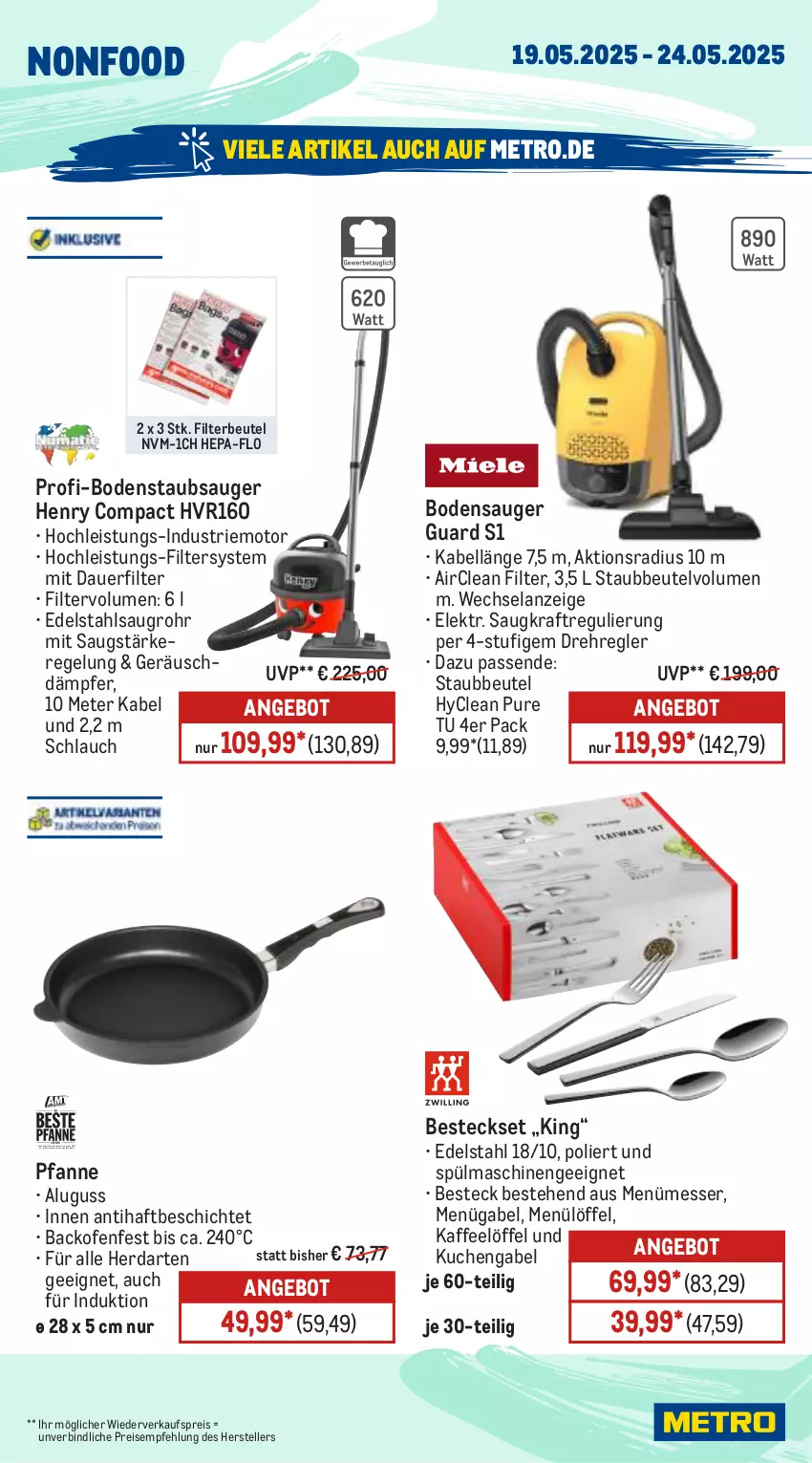 Aktueller Prospekt Metro - Wochen-Angebote - von 19.05 bis 24.05.2025 - strona 16 - produkty: angebot, auer, backofen, besteck, besteckset, beutel, bodensauger, bodenstaubsauger, edelstahl, eis, Elan, elle, gabel, herdarten, kaffee, kraft, kuchen, Löffel, messer, Metro, Ofen, pfanne, reis, schlauch, spülmaschinen, staubbeutel, staubsauger, teller, Ti