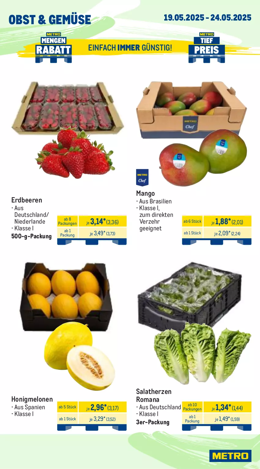 Aktueller Prospekt Metro - Wochen-Angebote - von 19.05 bis 24.05.2025 - strona 7 - produkty: beere, beeren, erdbeere, erdbeeren, honig, honigmelone, honigmelonen, mango, melone, melonen, obst, salat, salatherzen, Ti