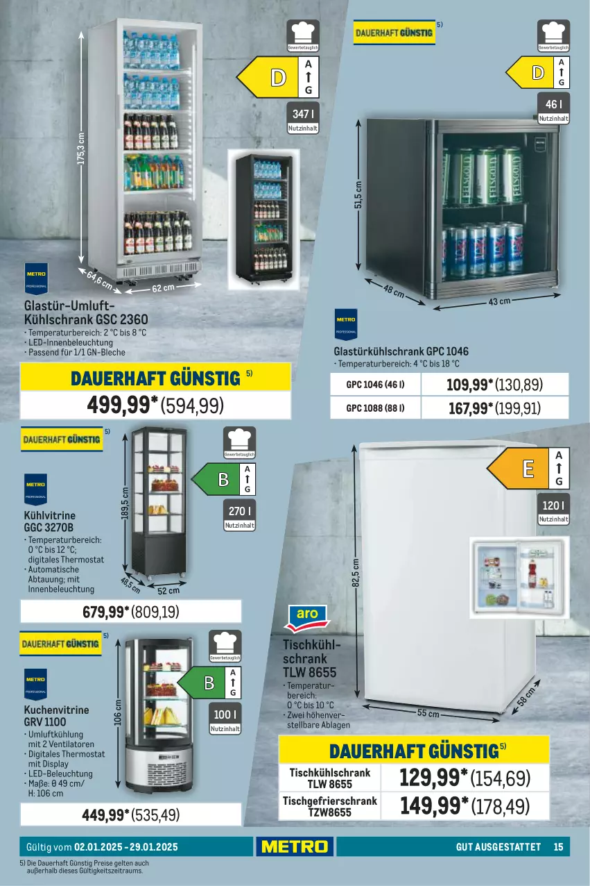 Aktueller Prospekt Metro - Gut ausgestattet - von 02.01 bis 29.01.2025 - strona 15 - produkty: auer, auto, beleuchtung, eis, gefrierschrank, Glastür, kuchen, kühlschrank, led-beleuchtung, reis, Schrank, thermostat, Ti, tisch, ventilator, vitrine