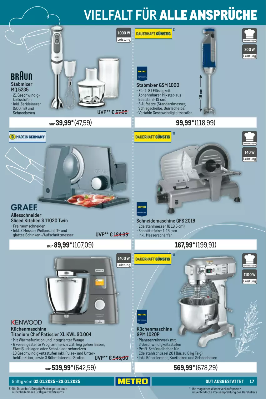 Aktueller Prospekt Metro - Gut ausgestattet - von 02.01 bis 29.01.2025 - strona 17 - produkty: auer, aufschnitt, edelstahl, edelstahlmesser, eis, elle, küche, Küchen, küchenmaschine, latte, leine, messer, Mixer, reis, rel, Ria, rwe, schinken, Schneebesen, schoko, schokolade, schüssel, stabmixer, teller, Ti, Waage, Zerkleinerer