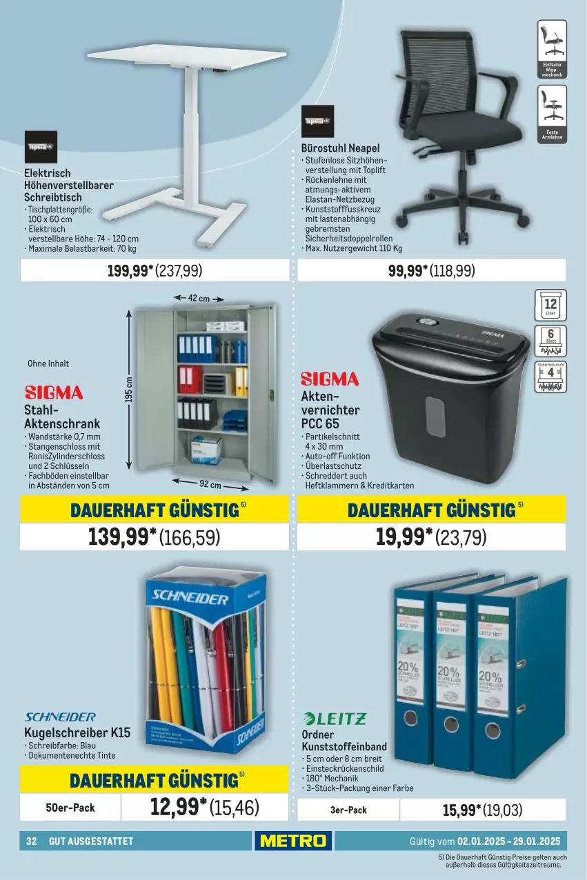 Aktueller Prospekt Metro - Gut ausgestattet - von 02.01 bis 29.01.2025 - strona 32 - produkty: Aktenschrank, Aktenvernichter, auer, auto, Brei, eis, ente, HP, Klammern, Kugel, kugelschreiber, lamm, latte, ordner, reis, rückenlehne, Schrank, schreibtisch, Sitzhöhe, sitzhöhenverstellung, stuhl, Ti, tisch, tischplatte, Tischplatten