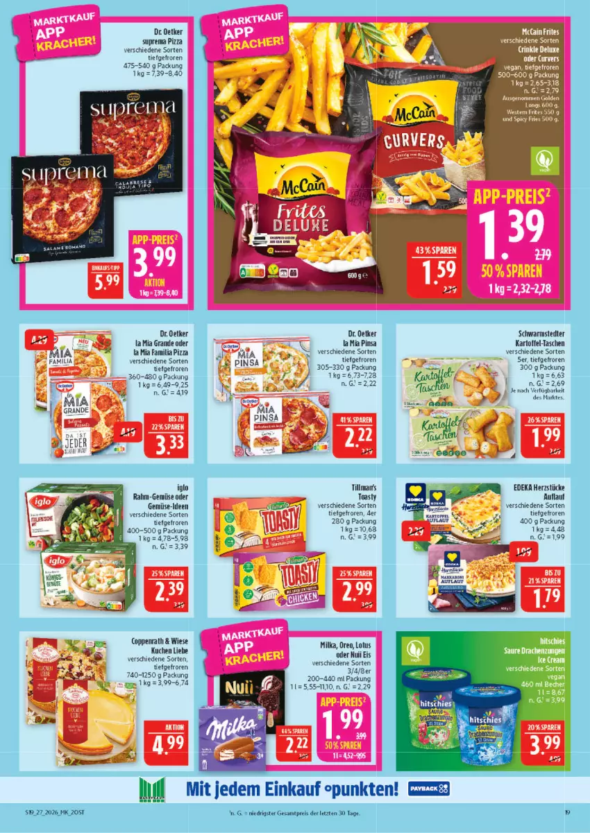 Aktueller Prospekt Marktkauf - Prospekt - von 28.06 bis 04.07.2026 - strona 19 - produkty: coppenrath, deka, Dr. Oetker, eis, erde, Golden Longs, iglo, kartoffel, kuchen, milka, nuii, oreo, pizza, reis, schwarmstedter, Tasche, taschen, Ti, toast, toasty, Weste, ZTE