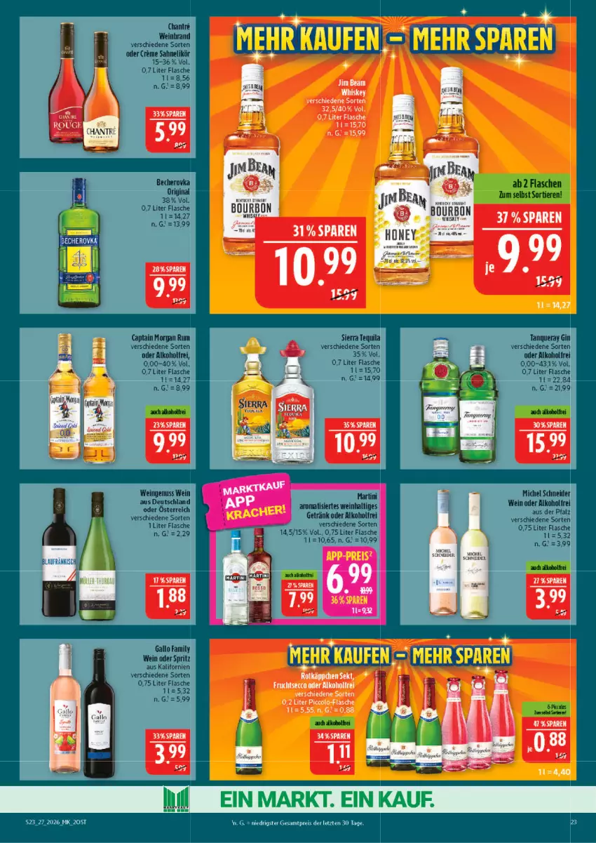Aktueller Prospekt Marktkauf - Prospekt - von 28.06 bis 04.07.2026 - strona 23 - produkty: alkohol, Becher, Becherovka, Cap, captain morgan, creme, eis, elle, ente, flasche, gallo, gallo family, getränk, gin, hero, LG, likör, Michel Schneider, nuss, pril, reis, rum, sahne, Sierra, sierra tequila, Tanqueray, tequila, Ti, wein, whiskey