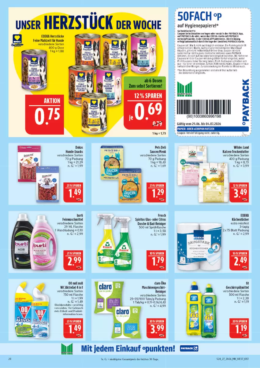 Aktueller Prospekt Marktkauf - Prospekt - von 28.06 bis 04.07.2026 - strona 24 - produkty: angebot, auto, Bad, Bad-Reiniger, bio, biozidprodukte, burti, citrus, coupon, deka, dusche, eis, ente, feinwaschmittel, flasche, Frosch, geschirr, geschirrspülmittel, gin, küche, Küchen, küchentücher, LG, papier, payback, Rauch, reiniger, reis, reiss, rind, rwe, sauce, saucen, snack, snacks, Sofa, spiritus, sprühflasche, spülmittel, Ti, tisch, tücher, waschmittel, Wild, ZTE