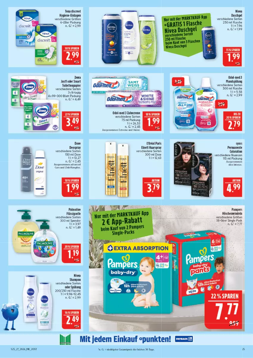 Aktueller Prospekt Marktkauf - Prospekt - von 28.06 bis 04.07.2026 - strona 25 - produkty: deo, deospray, Discreet, dove, duschgel, eis, elnett, ente, flasche, flüssigseife, gin, haarspray, mundspülung, nivea, Nuance, Odol, Odol-med 3, olive, palmolive, pampers, papier, reis, Seife, shampoo, spülung, syoss, Ti, toilettenpapier, windeln, Yo, ZTE