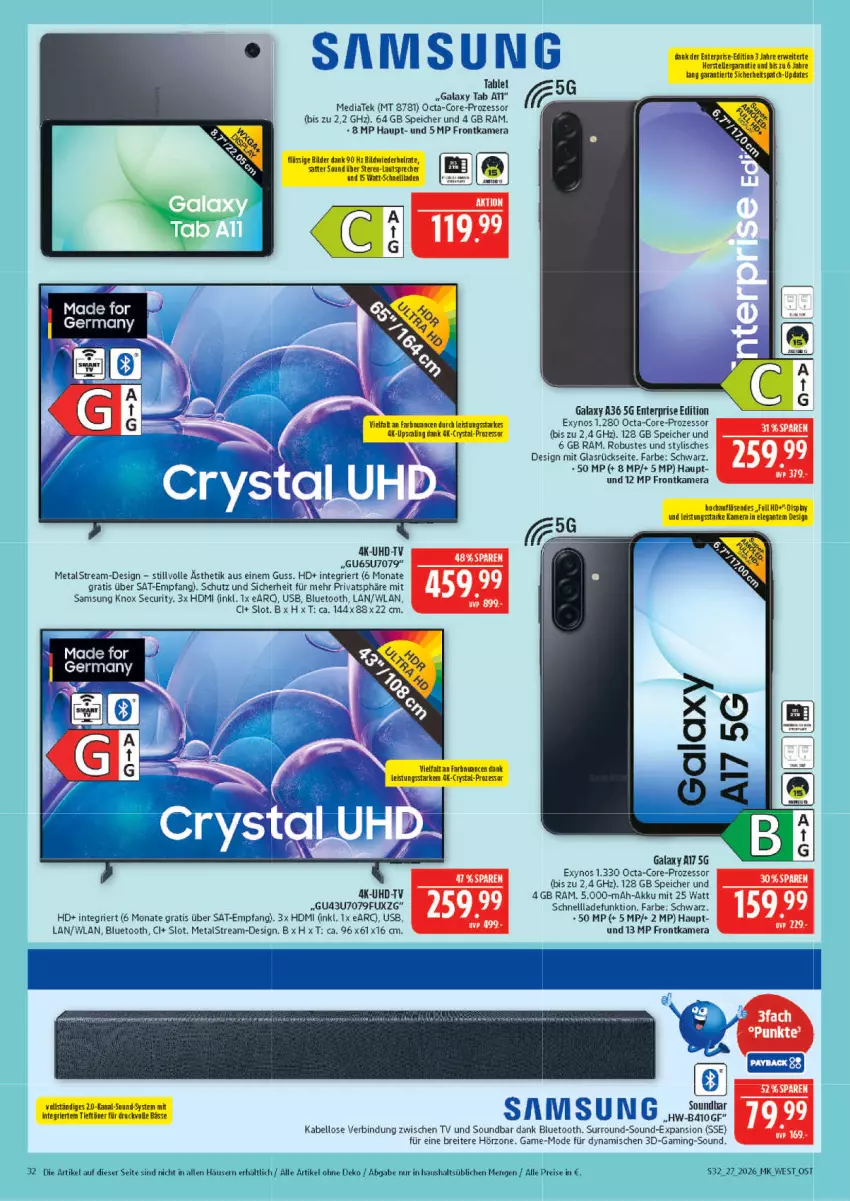 Aktueller Prospekt Marktkauf - Prospekt - von 28.06 bis 04.07.2026 - strona 32 - produkty: akku, Brei, eis, elle, ente, erde, frontkamera, Germ, HDMI, kamera, reis, Samsung, schnellladefunktion, soundbar, Stier, tablet, Ti, uhd, UHD-TV, usb