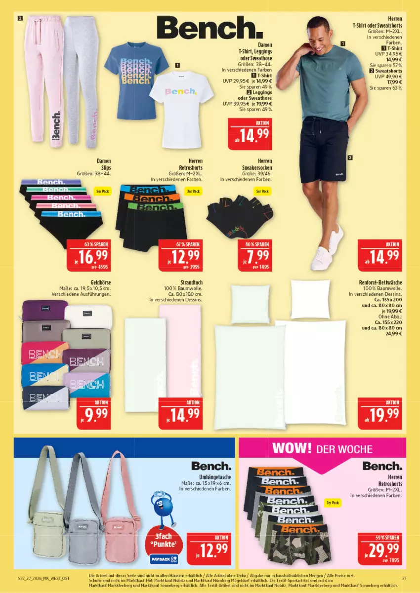 Aktueller Prospekt Marktkauf - Prospekt - von 28.06 bis 04.07.2026 - strona 37 - produkty: Bau, baumwolle, bett, bettwäsche, damen t-shirt, eis, gin, hose, leggings, reis, retroshorts, schuhe, shirt, shorts, slip, slips, sneaker, sneakersocken, socken, Sport, strandtuch, Sweathose, sweatshorts, T-Shirt, Tasche, Ti, tuc, umhängetasche, wolle