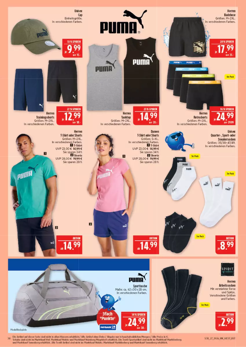 Aktueller Prospekt Marktkauf - Prospekt - von 28.06 bis 04.07.2026 - strona 38 - produkty: Bad, Badehose, Cap, damen t-shirt, dell, eis, hose, Mode, puma, reis, retroshorts, schuhe, shirt, shorts, sneaker, sneakersocken, socken, Spiele, Sport, sporttasche, T-Shirt, tanktop, Tasche, Ti