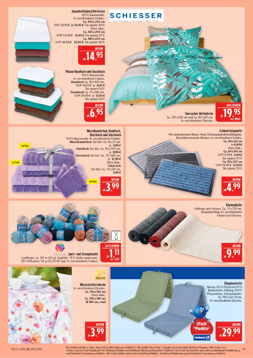 Aktueller Prospekt Marktkauf - Prospekt - von 28.06 bis 04.07.2026 - strona 39 - produkty: Bau, baumwolle, bett, bettwäsche, decke, duschtuch, eis, elle, gästetuch, handtuch, küche, Küchen, latte, Laufen, Läufer, matratze, reis, schmutzfangmatte, schuhe, seersucker, Seersucker-Bettwäsche, Sport, Ti, tisch, tischdecke, tuc, wachstuch, waschhandschuh, wolle