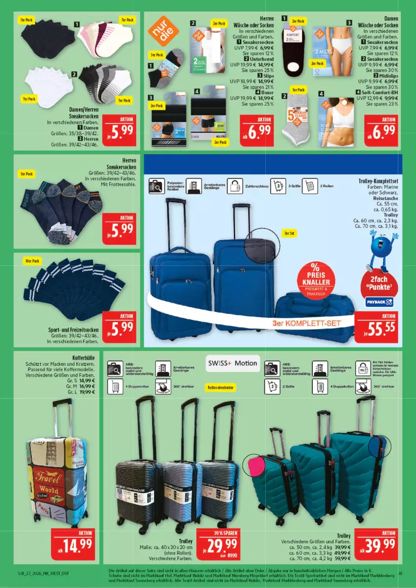 Aktueller Prospekt Marktkauf - Prospekt - von 28.06 bis 04.07.2026 - strona 41 - produkty: dell, eis, elle, Freizeitsocken, hemd, koffer, LG, mac, mit frotteesohle, Mode, reis, reisetasche, Roller, schuhe, slip, slips, sneaker, sneakersocken, socken, Sport, Tasche, tee, Ti, tisch, trolley, Unterhemd
