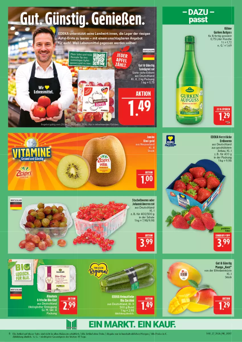 Aktueller Prospekt Marktkauf - Prospekt - von 28.06 bis 04.07.2026 - strona 8 - produkty: angebot, apfel, Bau, beere, beeren, deka, eis, Elan, erde, flasche, gewürz, gurke, gurken, jumbo, kiwi, Kiwi Gold, Kühne, lebensmittel, mango, reis, Schal, Schale, Stachelbeeren, tafeläpfel, Ti, vita, ZTE